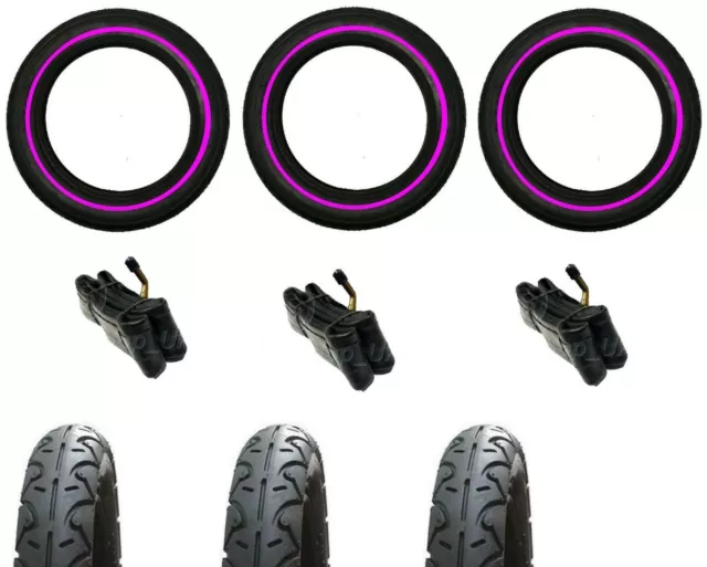 3 x MOUNTAIN BUGGY URBAN 3 x 12" Pram Tyres & 3 x Bent Valve Tubes - PINK LINE