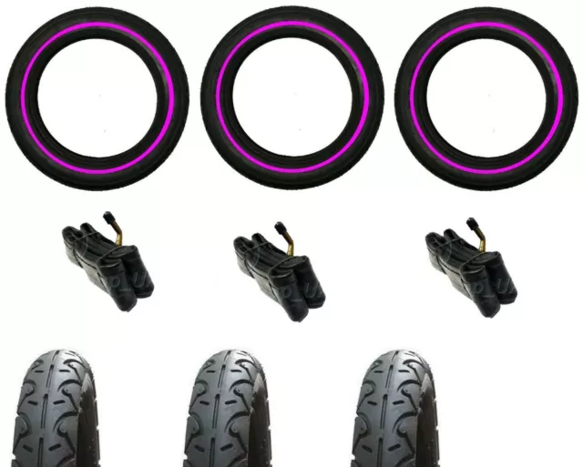 3 x PHIL & TEDS NAVIGATOR 3 x 12" Pram Tyres & Bent Valve Tubes - PINK LINE