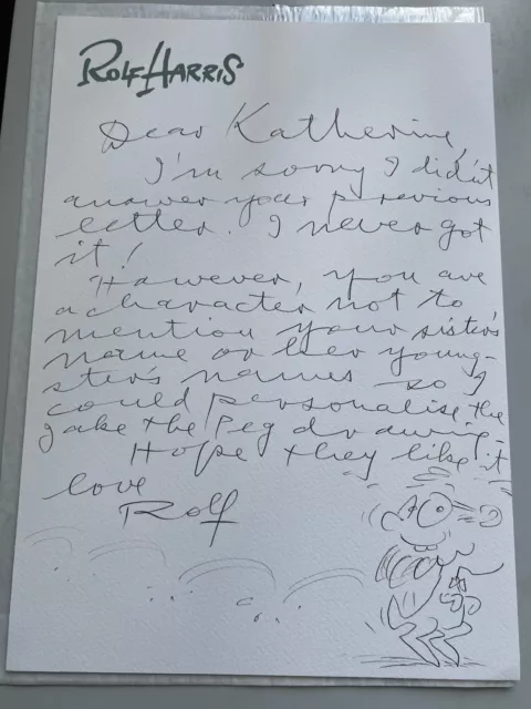 Rolf Harris Signed Hand Written A4 Letter and Drawn Rolfaroo