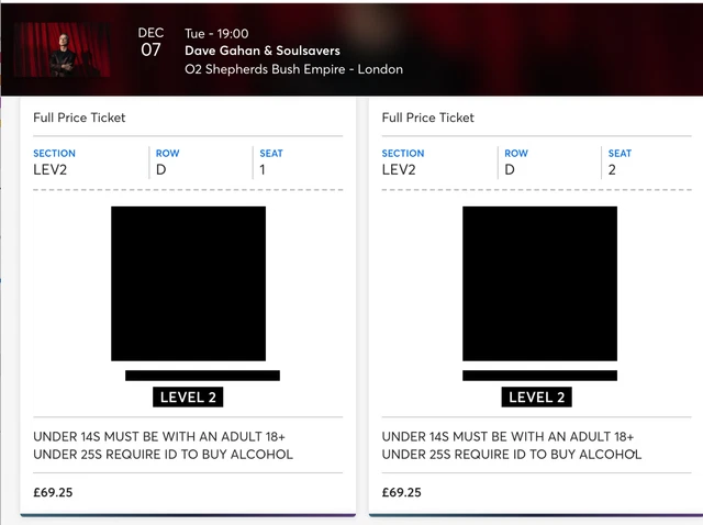 Dave Gahan 7 December 2021 2 Tickets