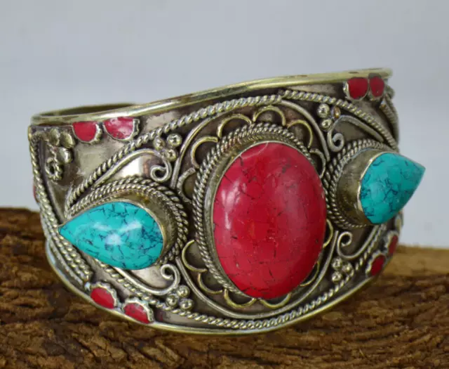 Ancient Victorian Big Silver Color Cuff Bracelet Amazing With Turquoise Stones