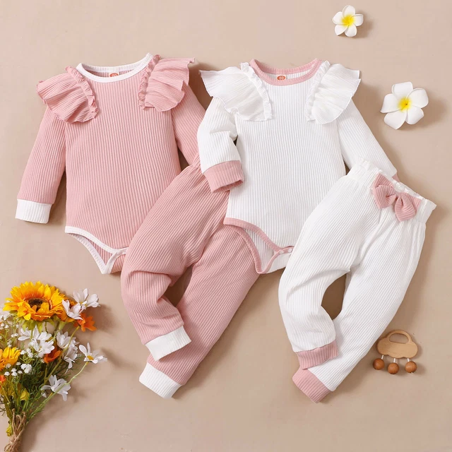 Abiti a costine neonate maniche a mosca nodo fiocco pantaloni lunghi vestiti