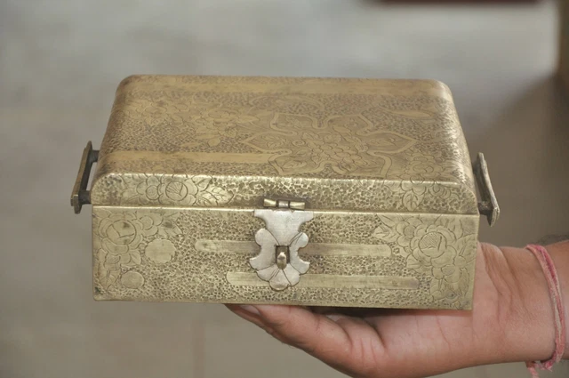 Old Brass 8 Compartment Heart & Floral Design Jali Cut Engraved Betel Nut Box