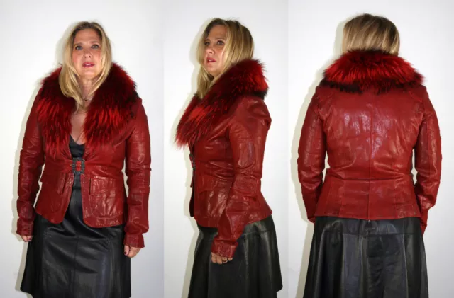 Red Leather Jacket Finnish Raccoon Fur Collar Size Small S