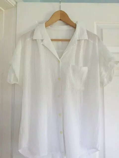 Vintage ST MICHAEL M&S Size 12 White Crinkle Shirt Blouse Short Sleeve Boxy VGC