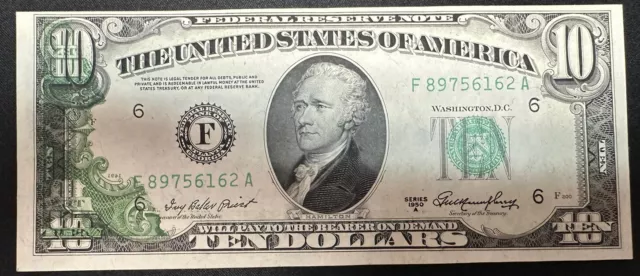 1950 A $10 TEN DOLLAR BILL Error Partial Reverse offset