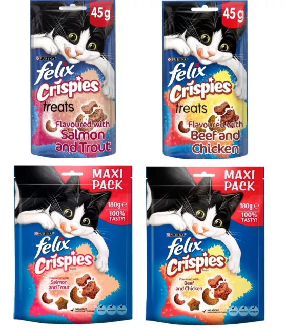 Felix Crispies Cat Treats (Beef and Chicken) (Salmon and Trout) 45g, 180g Pack