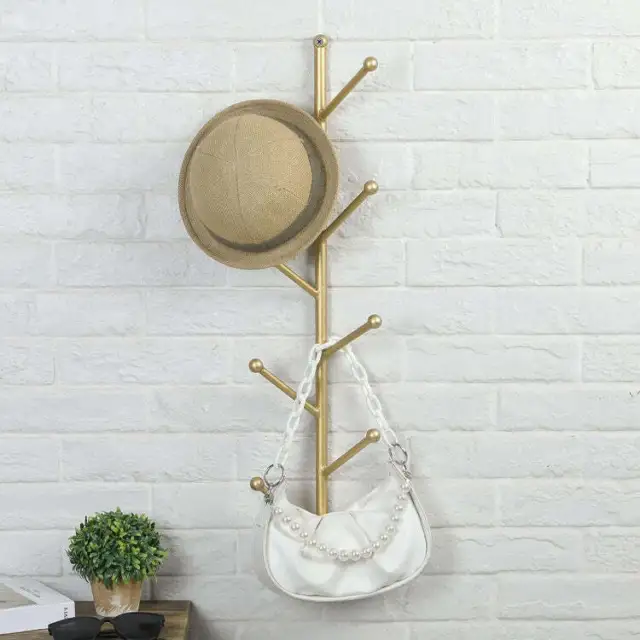 Wall Mounted Gold Metal Coat/Hat Rack with 8 Tree Branch Style Hanger Hooks