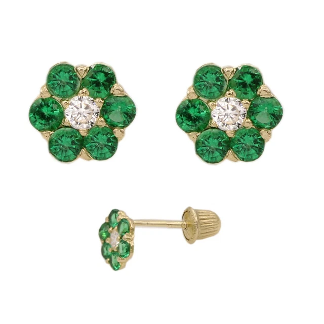 Fiore Verde Bambino Orecchini " REAL 14K " Oro Giallo + Protettivo Neonato Retro