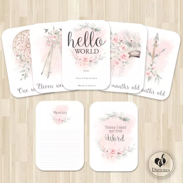 Baby Girl Milestone Cards, Floral Boho Tribal Photo props, 40 cards, 250gsm