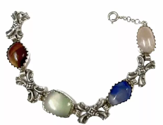 Vintage Ornate Sterling Silver Multicoloured Agate Bracelet
