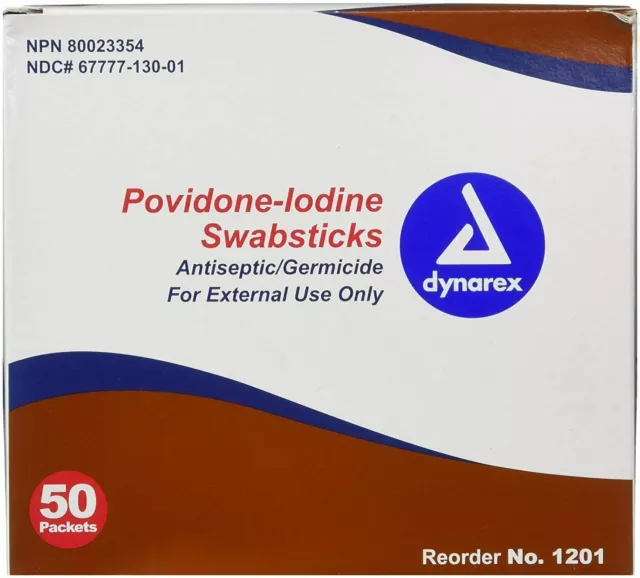 Dynarex Povidone Iodine Swabsticks Antiseptic Germicide Packets External 50 ct