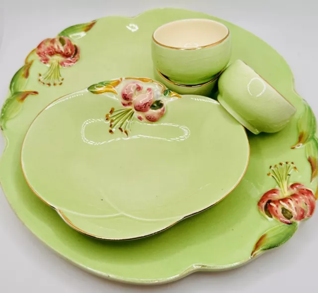 Royal Winton Grimwades 'Tiger Lily' Cake Plate Candy Dish Green Set Nut Dishes