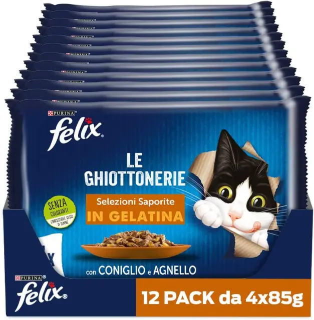 Purina Felix, Le Ghiottonerie Cibo Umido per Gatti Con Coniglio E Agnello,48x85G