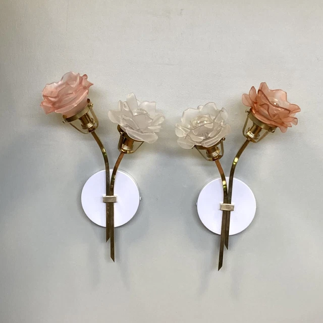 Paire appliques doubles en laiton et rose pâte de verre fleur vintage art deco