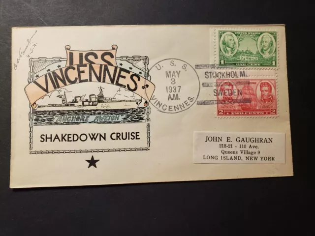 USS VINCENNES CA-44 Naval Cover 1937 SHAKEDOWN CRUISE Cachet STOCKHOLM, SWEDEN