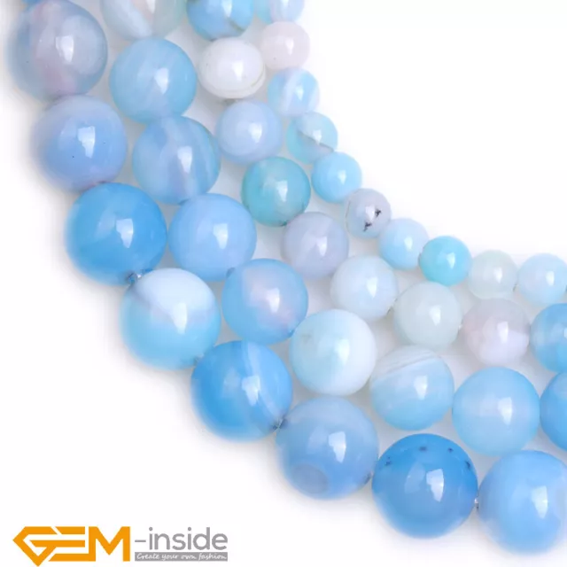Natural Sky Blue Banded Agate Round Beads Big Hole 2mm Jewelry Making 15" DIY
