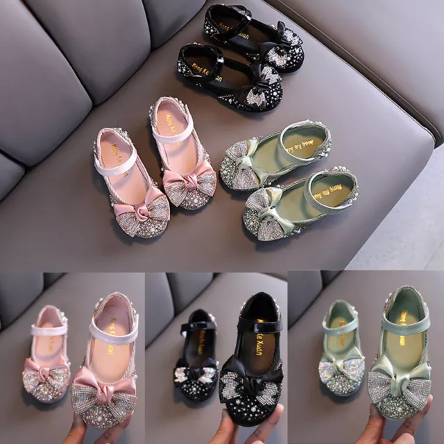 NEW Children Leather Shoes Girls Party Rhinestone Bow Princess Dance Flats Kid