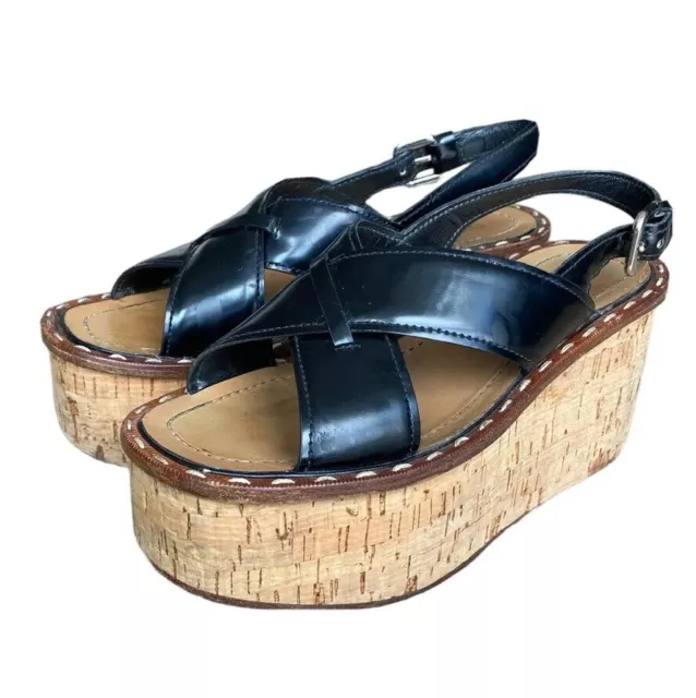 PRADA Black Crisscross Leather Slingback Flat Cork Wedge Sandals, Size 37
