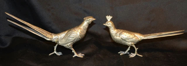 Couple De Faisans - Statuette Métal Argenté Ciselé - Déco Intérieur - TBE