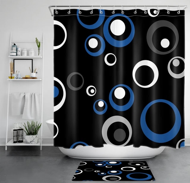 Juego de cortinas de ducha geométricas abstractas azul azulado y blanco para decoración de baño