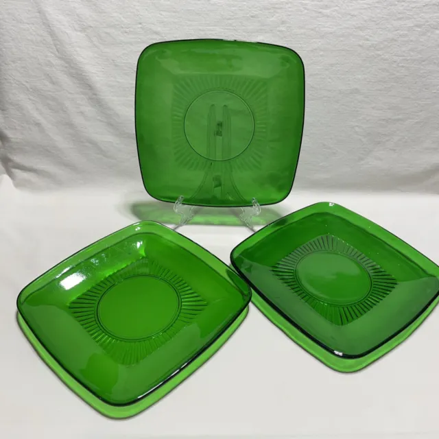 3 Fire King Anchor Hocking Charm Forest Green Glass Square Salad Dessert Plates