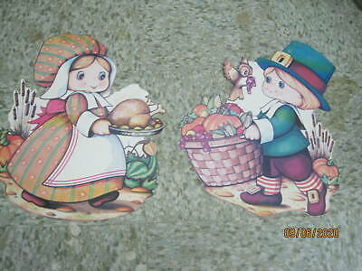 Vintage 1978 USA Beistle Die Cut 2 Thanksgiving figures Boy Girl with Food