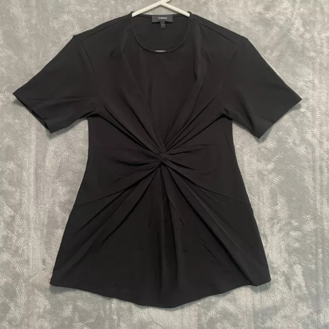 Theory Knot Front Top Womens Small Black Short Sleeve Modal Cotton Blend