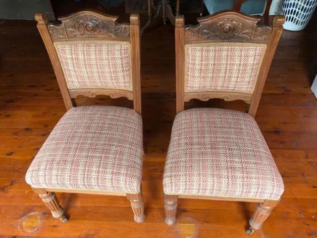 Pair of Edwardian ? Antique Dining Chairs - Beautiful Timber Grain - New fabric 