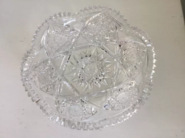 Sparkling Brilliant Crystal Cut Glass Bowl Ornate Design Sawtooth Rim 8" Wide