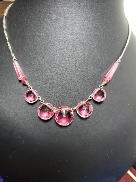 RARE Antique Victorian Edwardian Riviere Necklace Pink Glass Silver