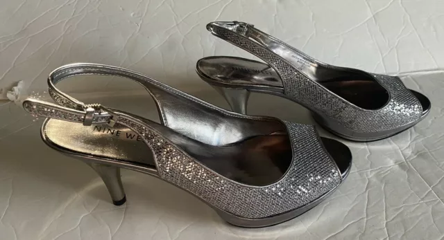 Womens Nine West Sharina Silver Sling Back Peep Toe Wedding Formal Shoes Sz 6.5