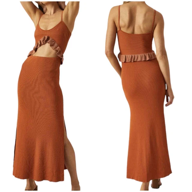 MON RENN NWT Calyoso Knit Midi Dress Size L Ruffle Trim Orange Cut Out Side Slit
