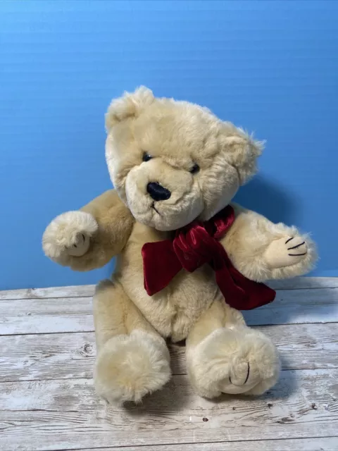Walmart Plush Bear Tan Teddy Brown Stuffed Animal Jointed Posable Red Bow 12"