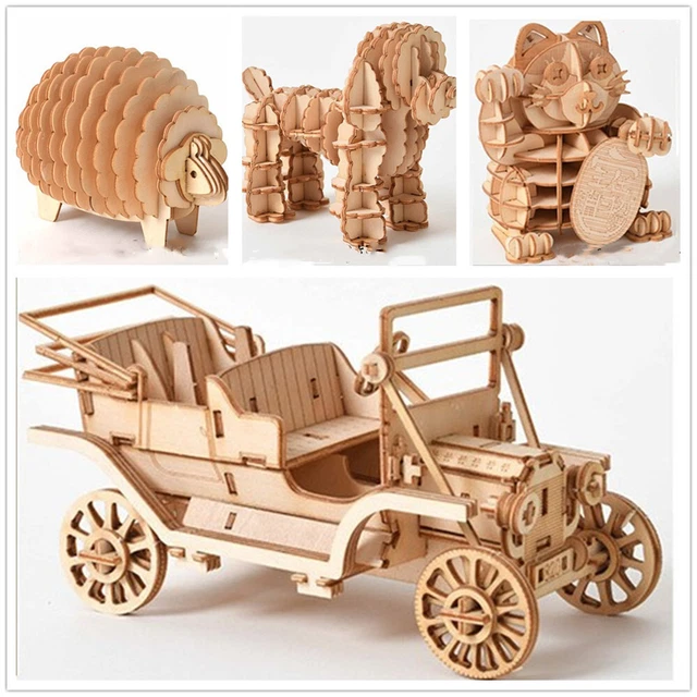 3D WOODEN CAR Animal Puzzle Jigsaw Woodcraft Kit Toy DIY Self-Assembly ...