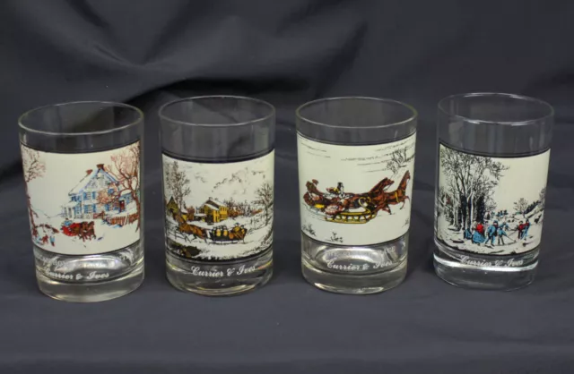 4 Vtg Currier & Ives Glasses Arby's Tumblers American Farm Homestead Winter Set