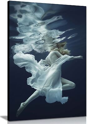 Woman in White Dress underwater Framed Canvas Print Wall Art Home Decor