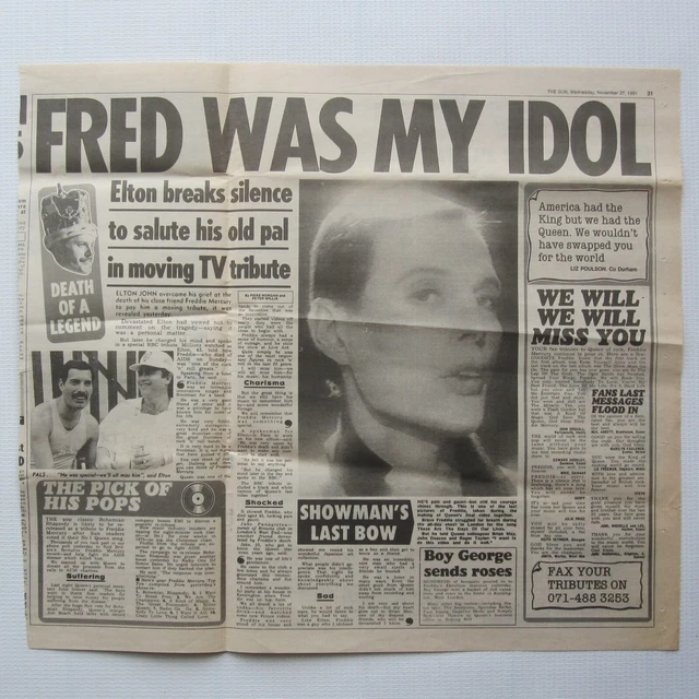 Freddie mercury the sun uk newspaper clipping 27th november 1991