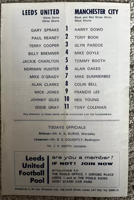 Leeds United v Manchester City Charity Shield 2nd August 1969 No Token 2