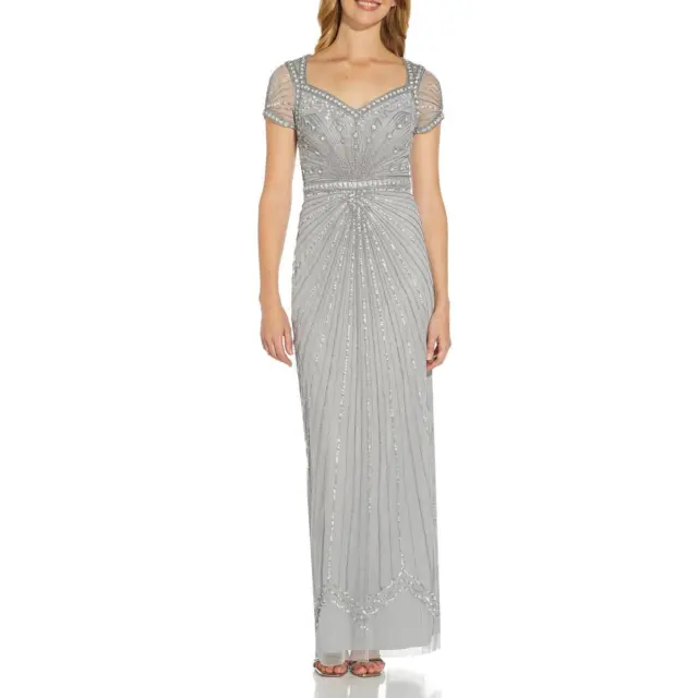 Adrianna Papell Womens Silver Beaded Cut-Out Evening Dress Gown 2 BHFO 7961