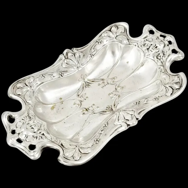 Antique 1890’s silver plate Art Nouveau oblong trinket dish foliage embossed