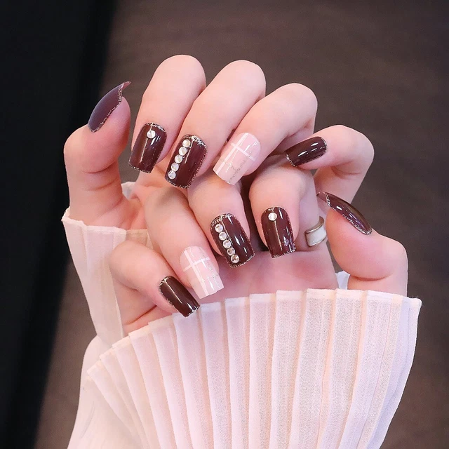 Square Head French Fake Nails Wearable Manicure Press on Nails  Women