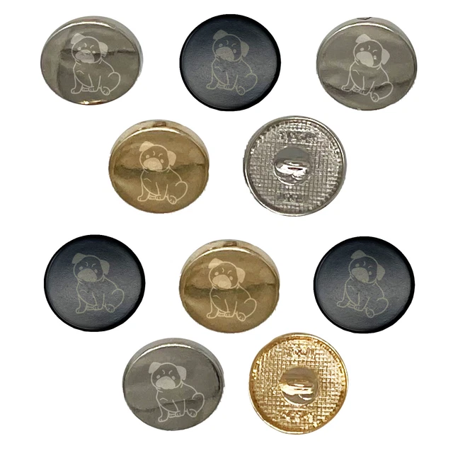 Pug Sitting Dog 0.6" (15mm) Round Metal Shank Buttons for Sewing - Set of 10