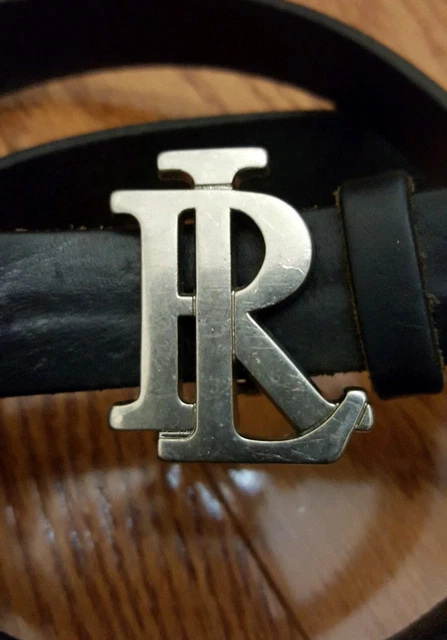 POLO Ralph Lauren BLACK Leather Belt RL Monogram Buckle Size 28 VTG