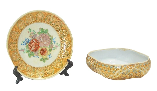 Small Chinese Porcelain Plate with Stand & Bowl, Hand Painted, Floral Gold Trim