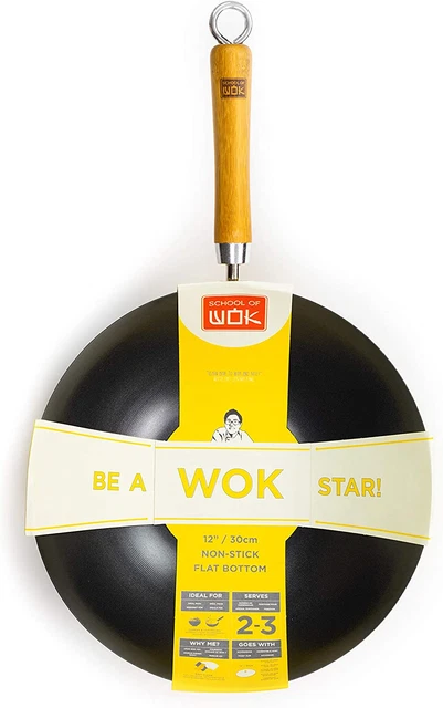 School of Wok - 12"/30 cm antiadherente acero al carbono wok, parte inferior plana, mango de bambú