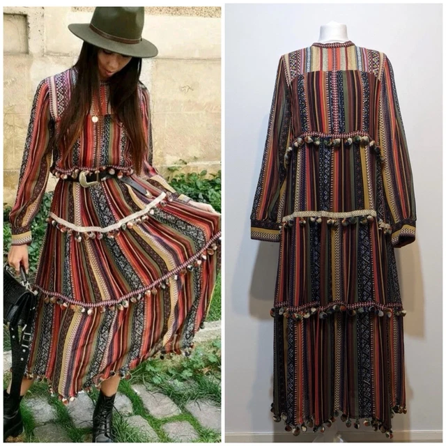 ZARA LIMITED EDITION Rare Boho Striped Pom Pom Dress Maxi Size S