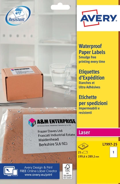 Avery wasserdichtes Papieretikett 199,6 x 289,1 mm 1 pro Seite Packung 25 - L7997-25