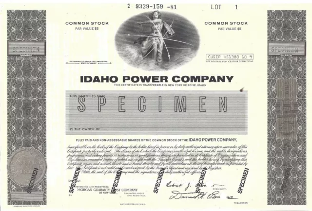 Idaho Power Company.....abn "Specimen" Common Stock Certificate