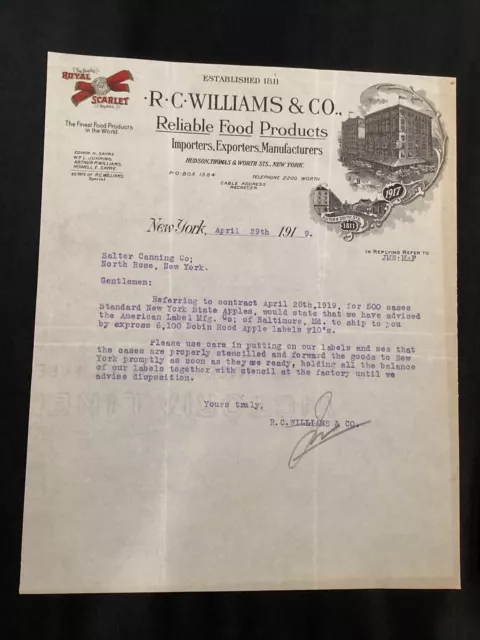1919 RC Williams & Co Reliable Food Products Royal Scarlet Brand Letter